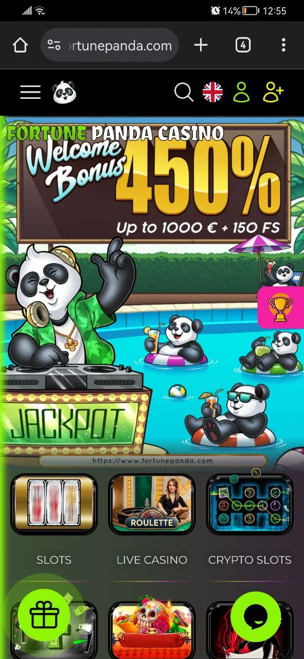 Home page at Fortune Panda Casino website.