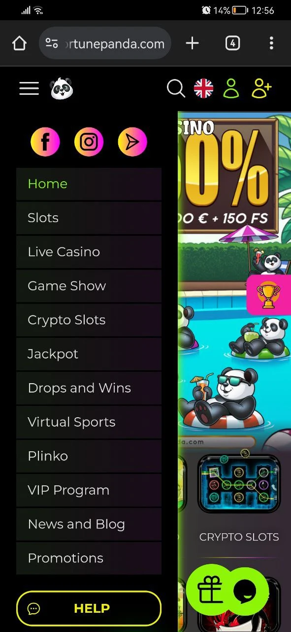 Main menu at Fortune Panda Casino.