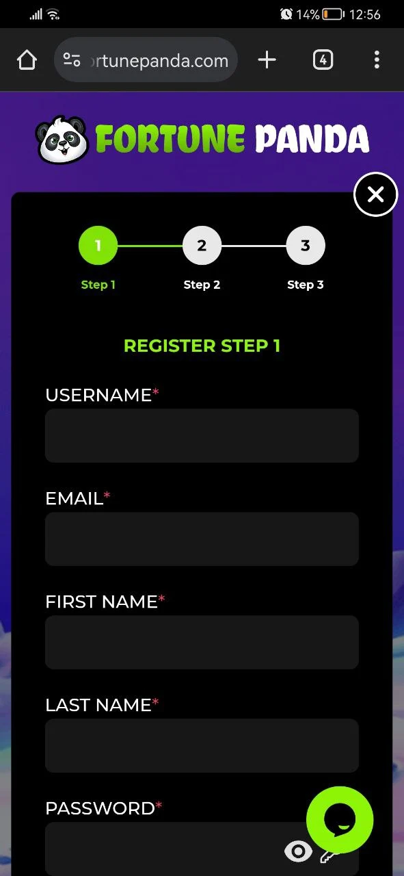 Registration form at Fortune Panda Casino.